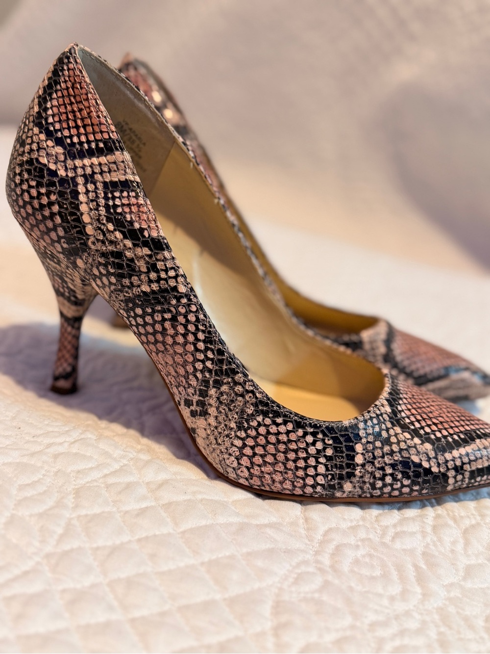Vince Camuto Pink and Black Snake-Print Pointed Toe Pumps